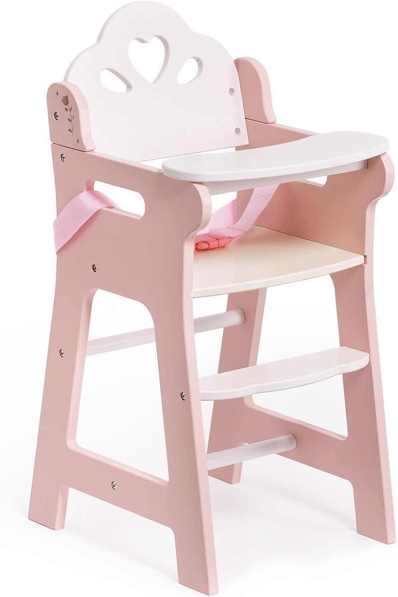 Robotime High Chair for Pretend Play, Wooden Baby Doll Furniture with Safety Belt and Footrest, Fits 18 Inch Dolls, Gift for Ages 3+, White/Pink - Image 1